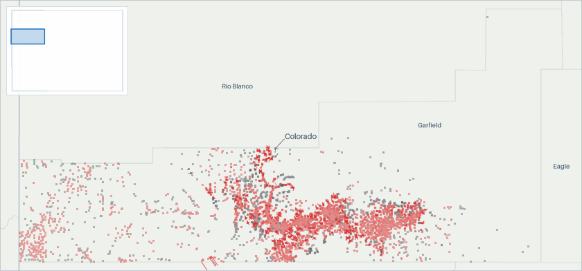 Well map of Garfield County, Colorado. The full map is further down this page.