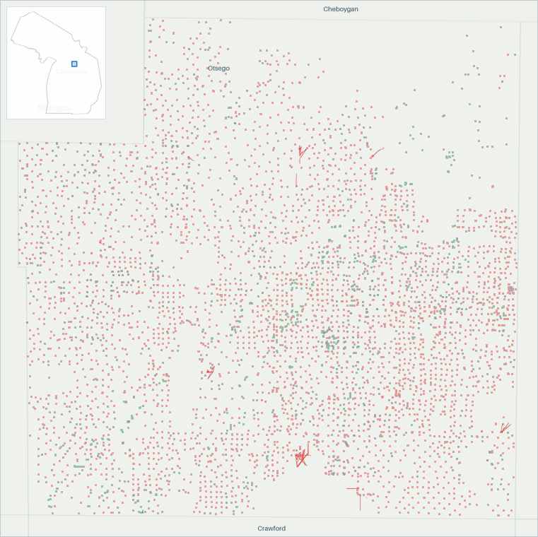 Well map of Otsego County, Michigan. The full map is further down this page.