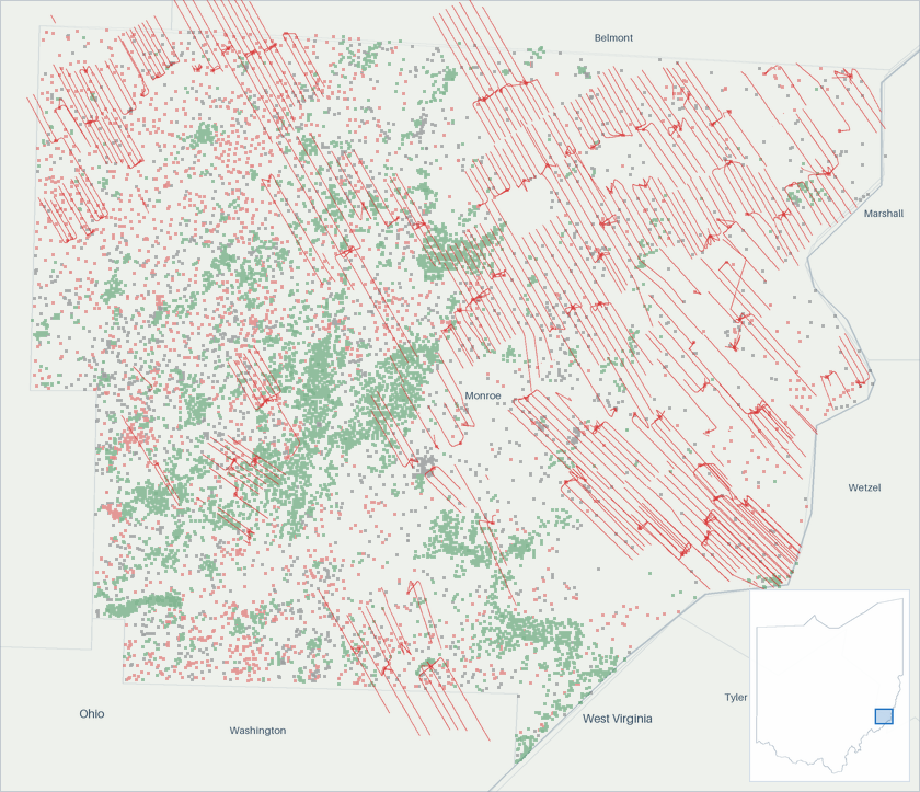 Well map of Monroe County, Ohio. The full map is further down this page.