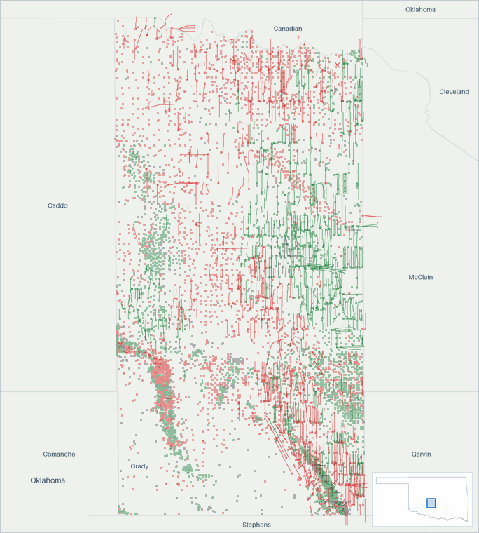 Well map of Grady County, Oklahoma. The full map is further down this page.
