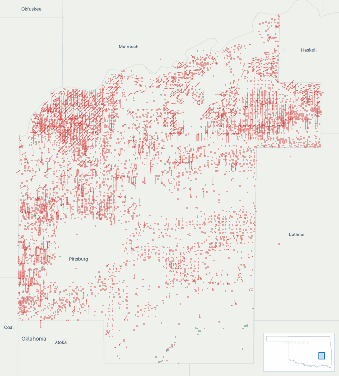 Well map of Pittsburg County, Oklahoma. The full map is further down this page.