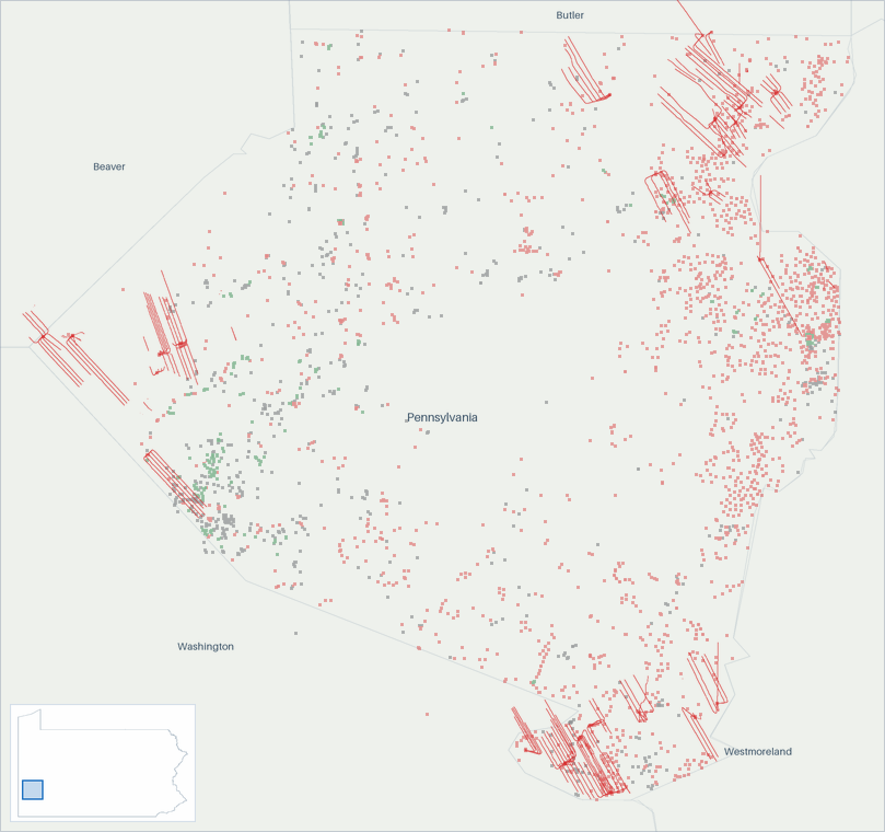 Well map of Allegheny County, Pennsylvania. The full map is further down this page.