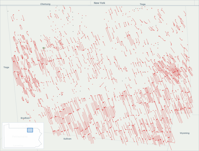 Well map of Bradford County, Pennsylvania. The full map is further down this page.