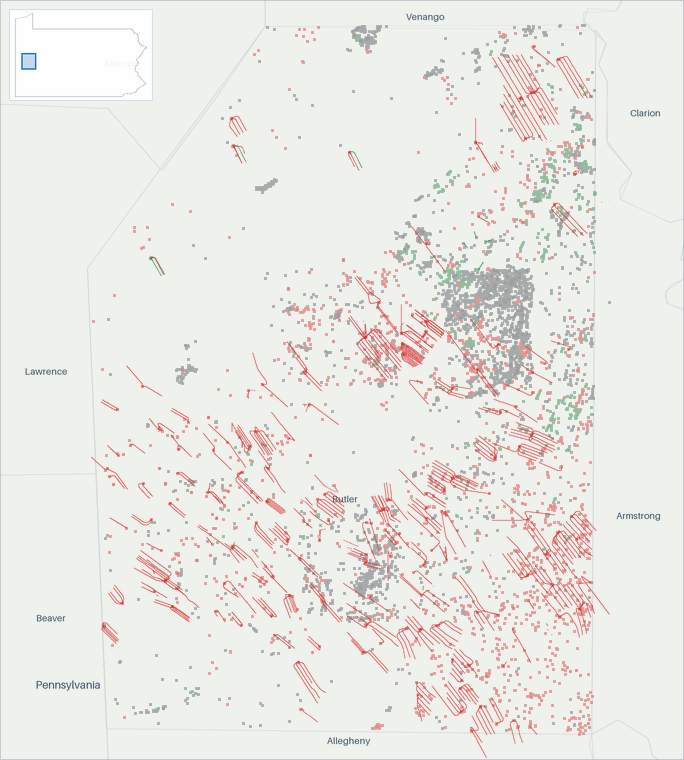 Well map of Butler County, Pennsylvania. The full map is further down this page.
