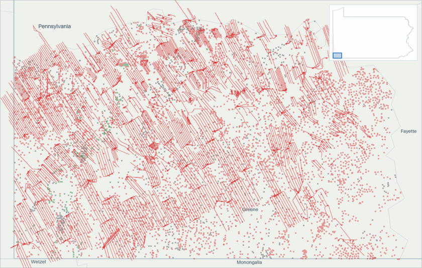 Well map of Greene County, Pennsylvania. The full map is further down this page.