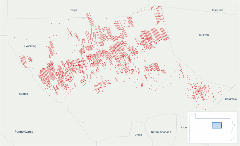 Well map of Lycoming County, Pennsylvania. The full map is further down this page.