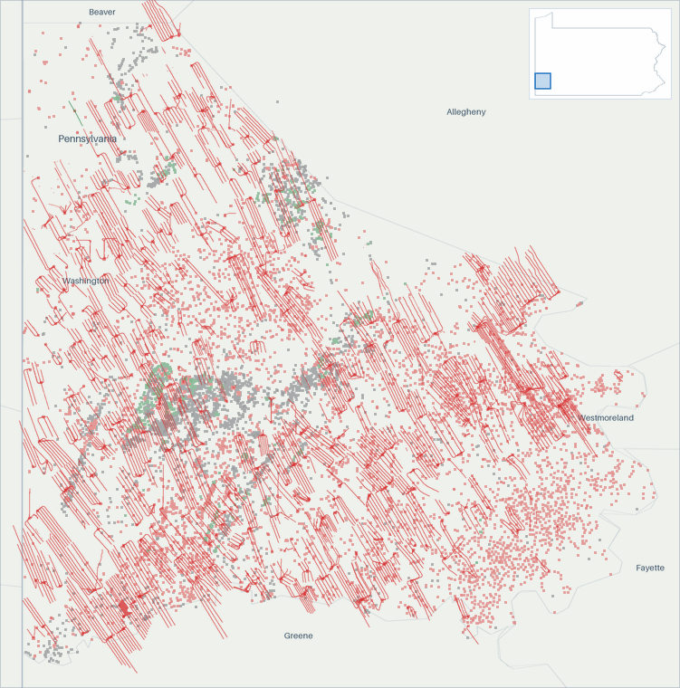 Well map of Washington County, Pennsylvania. The full map is further down this page.