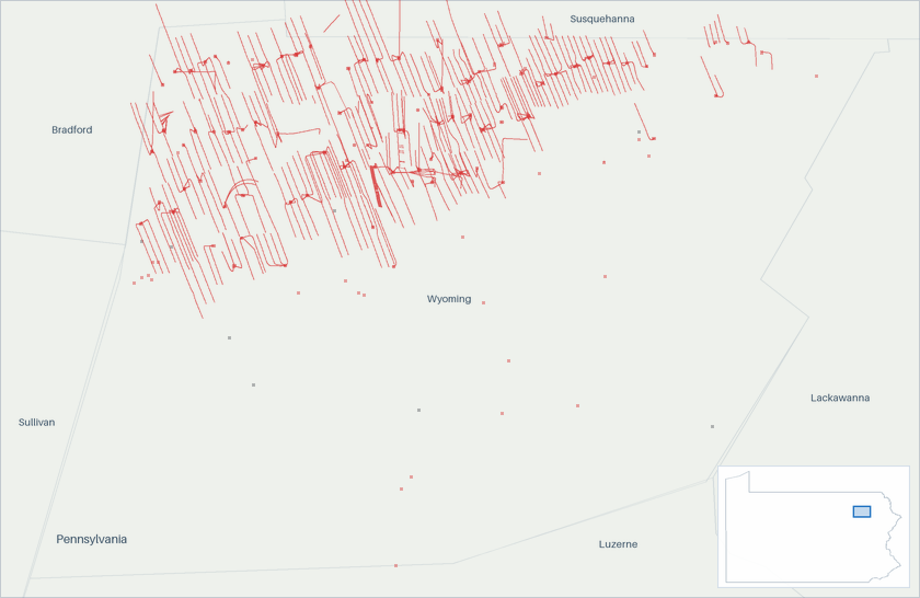 Well map of Wyoming County, Pennsylvania. The full map is further down this page.