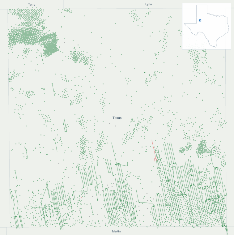 Well map of Dawson County, Texas. The full map is further down this page.