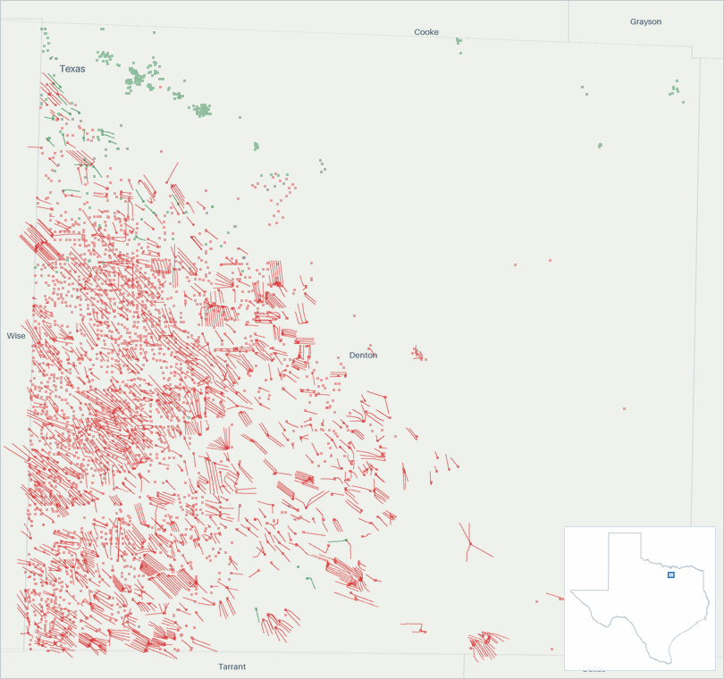 Well map of Denton County, Texas. The full map is further down this page.