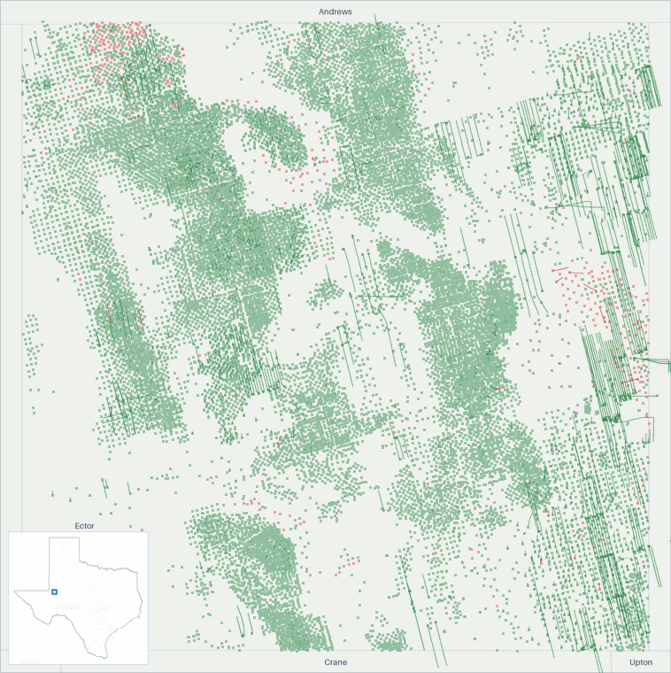 Well map of Ector County, Texas. The full map is further down this page.