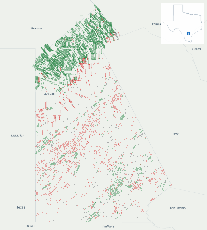 Well map of Live Oak County, Texas. The full map is further down this page.