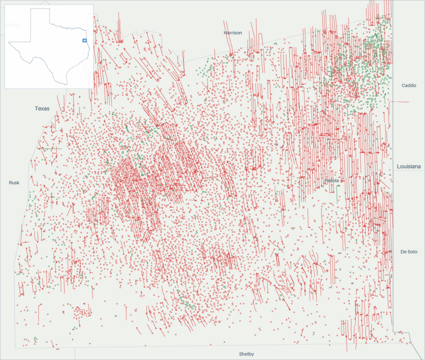 Well map of Panola County, Texas. The full map is further down this page.