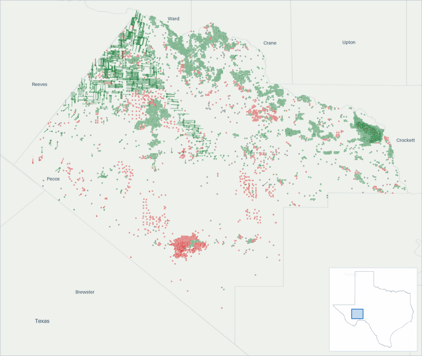 Well map of Pecos County, Texas. The full map is further down this page.