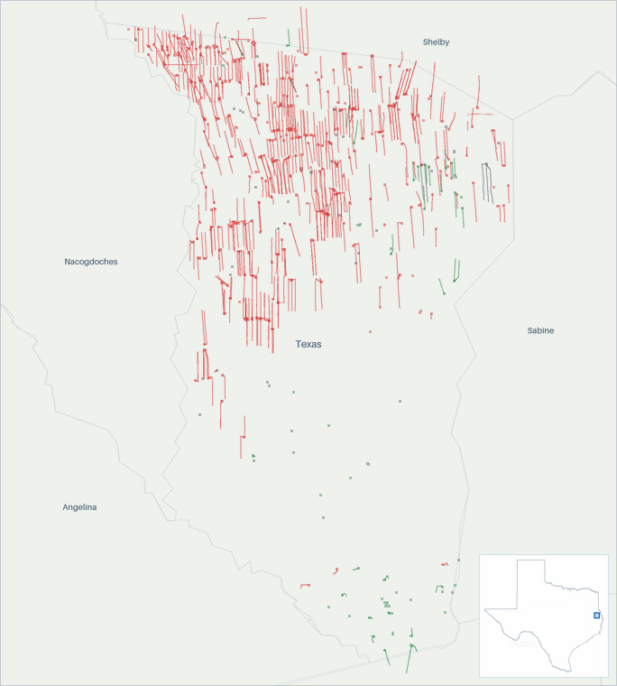 Well map of San Augustine County, Texas. The full map is further down this page.