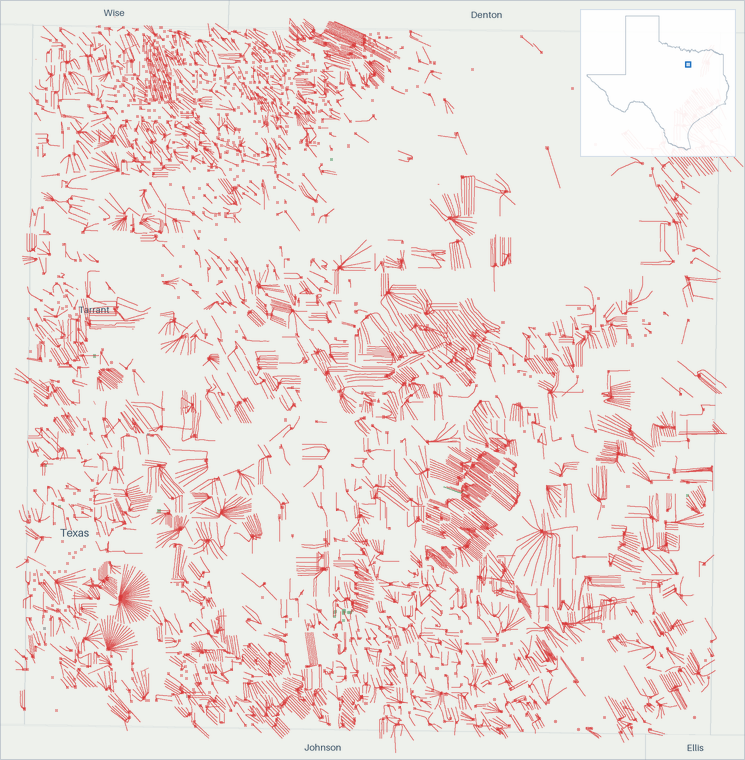Well map of Tarrant County, Texas. The full map is further down this page.