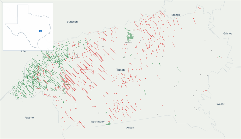 Well map of Washington County, Texas. The full map is further down this page.