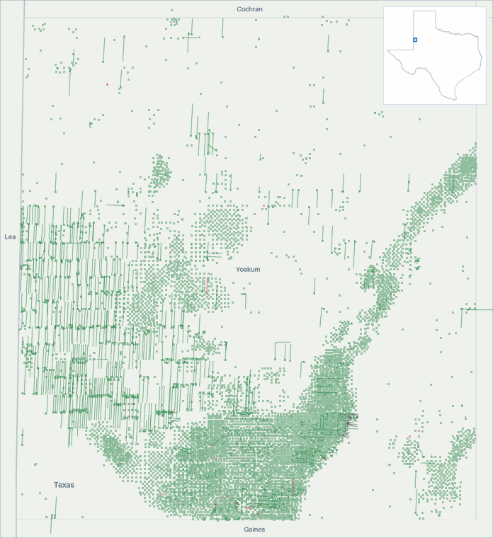 Well map of Yoakum County, Texas. The full map is further down this page.