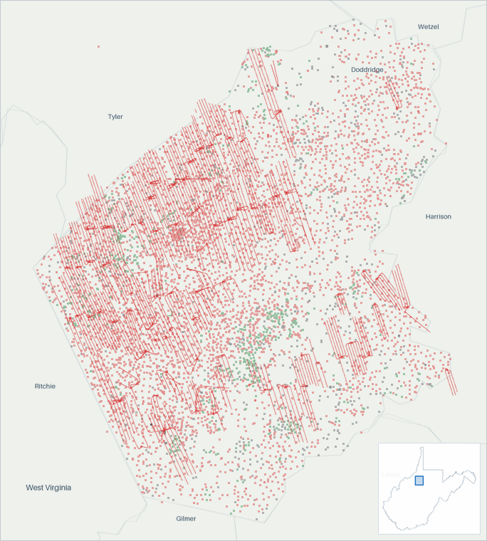 Well map of Doddridge County, West Virginia. The full map is further down this page.