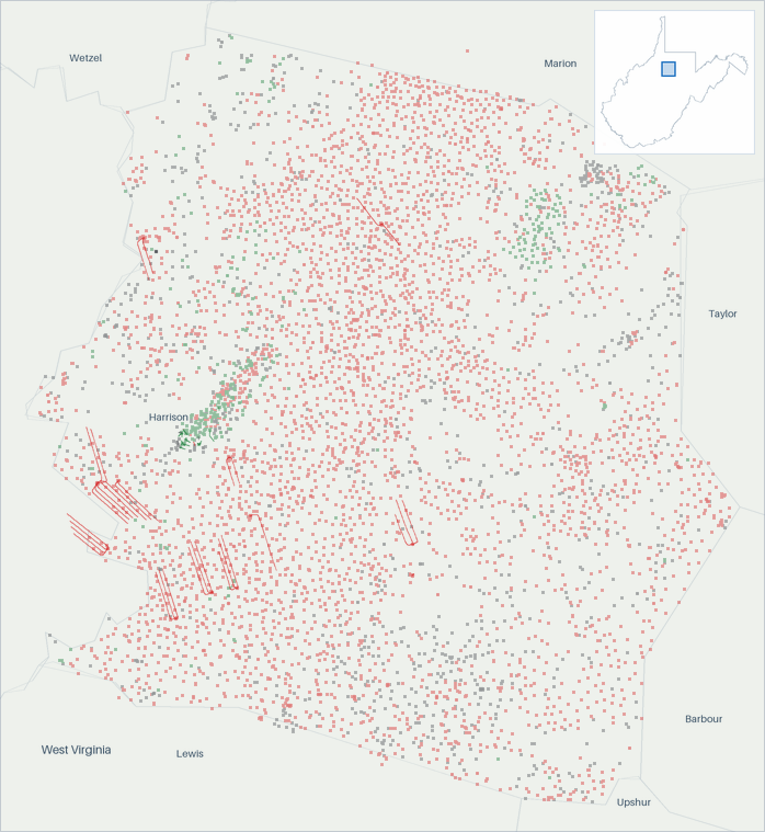 Well map of Harrison County, West Virginia. The full map is further down this page.