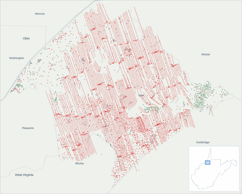 Well map of Tyler County, West Virginia. The full map is further down this page.