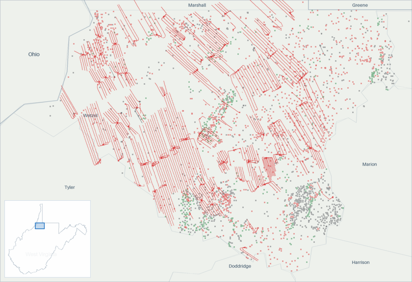 Well map of Wetzel County, West Virginia. The full map is further down this page.